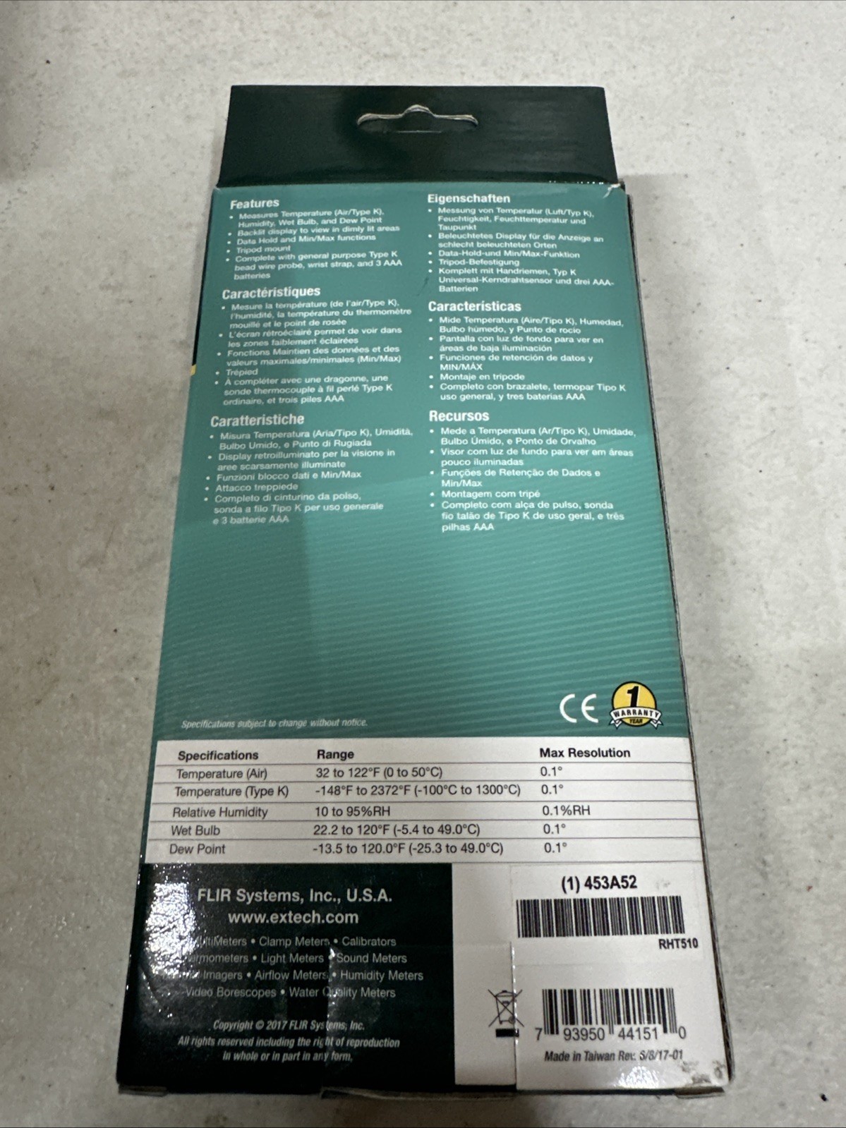 EXTECH RHT510 Hygro Thermometer,Pocket Style 453A52