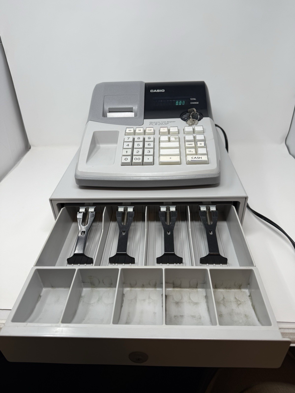CASIO PCR-265P ELECTRONIC CASH REGISTER WITH KEY, MONEY DRAWER & MANUAL, TESTED