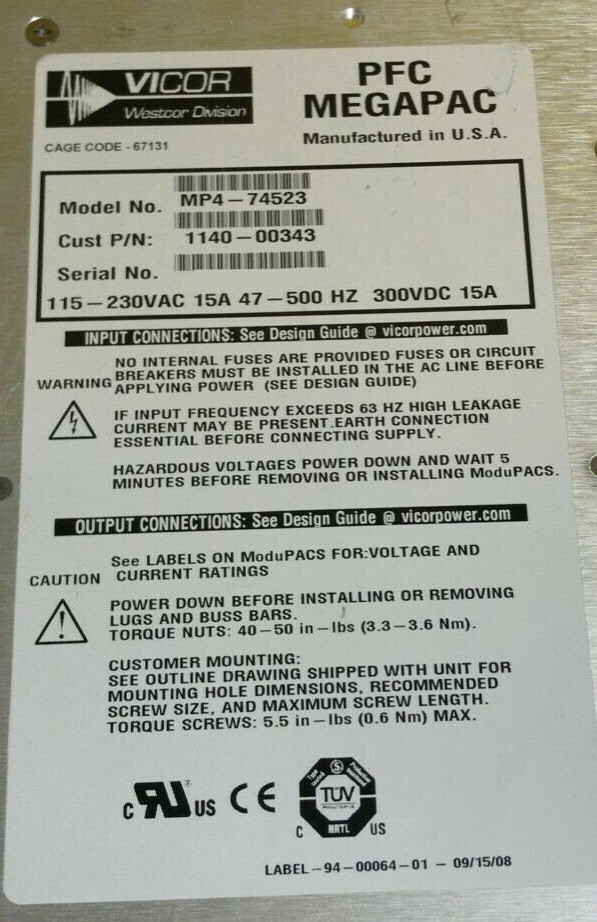 VICOR PFC MEGAPAC POWER SUPPLY MP4-74523 P/N- 1140-00343 115-230VAC 10-130242-01