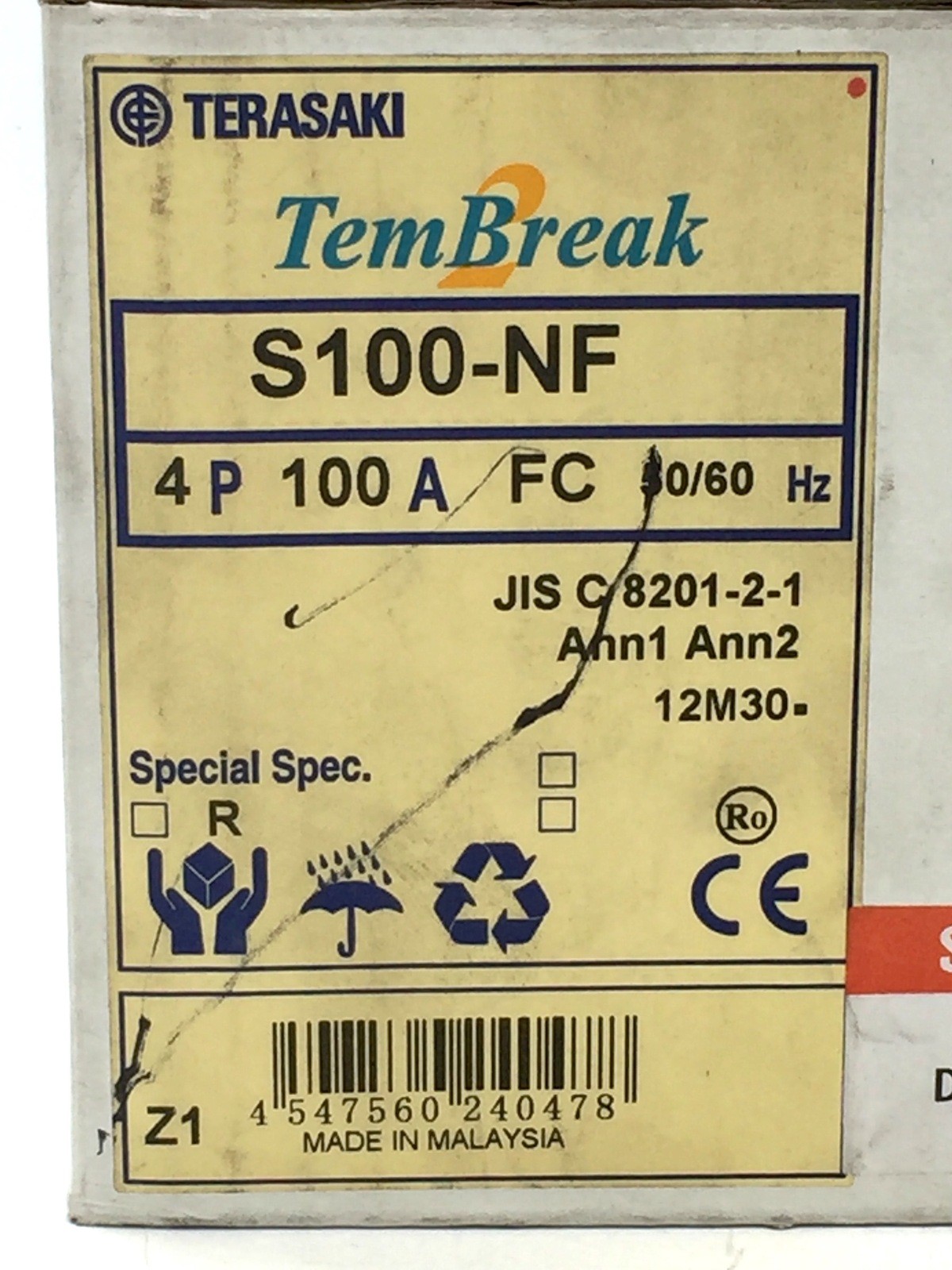 TERASAKI TemBreak S100-NF Circuit Breaker 100A FC 4P 30kA at 415V 24V DC Shunt T
