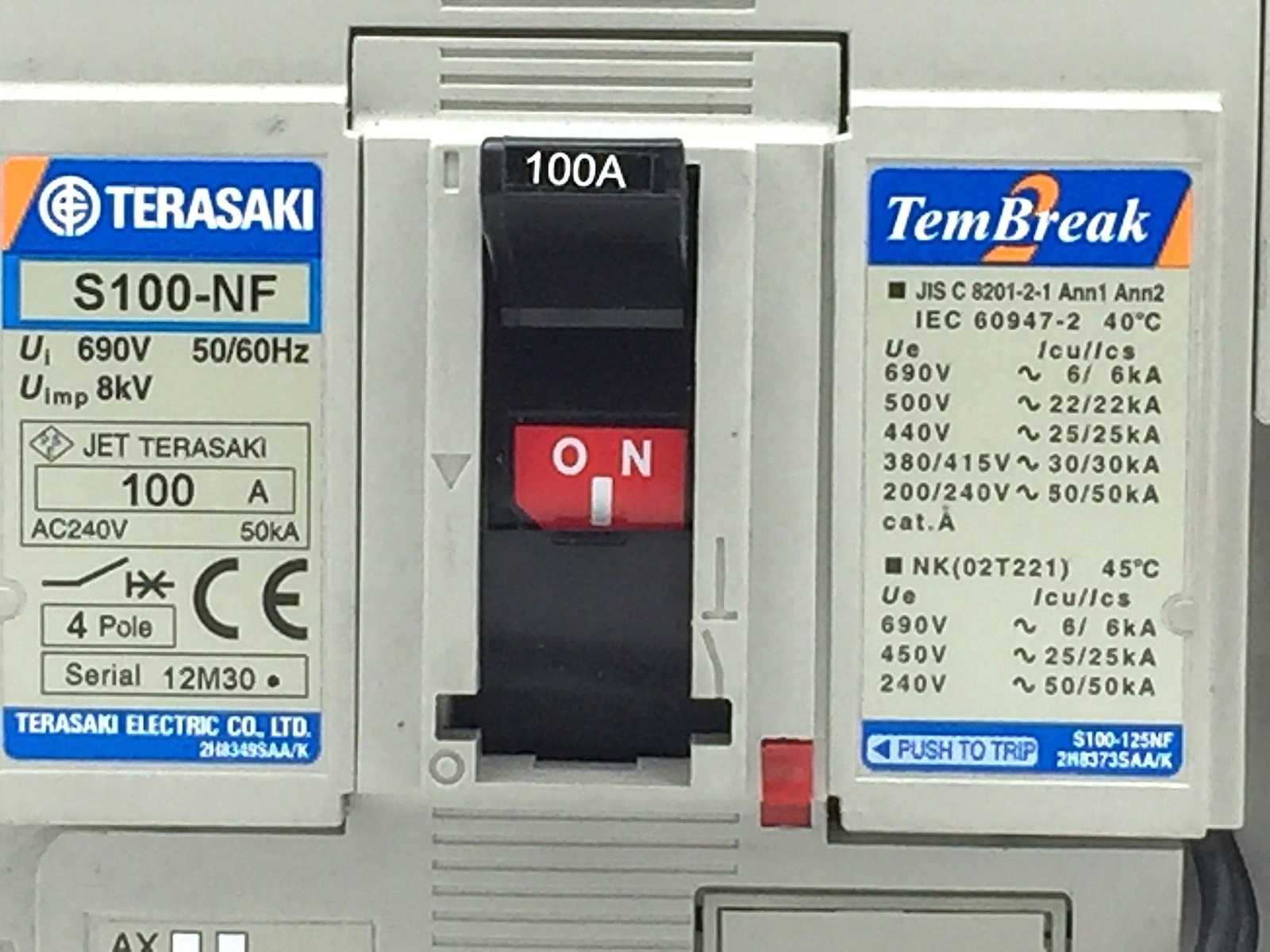 TERASAKI TemBreak S100-NF Circuit Breaker 100A FC 4P 30kA at 415V 24V DC Shunt T