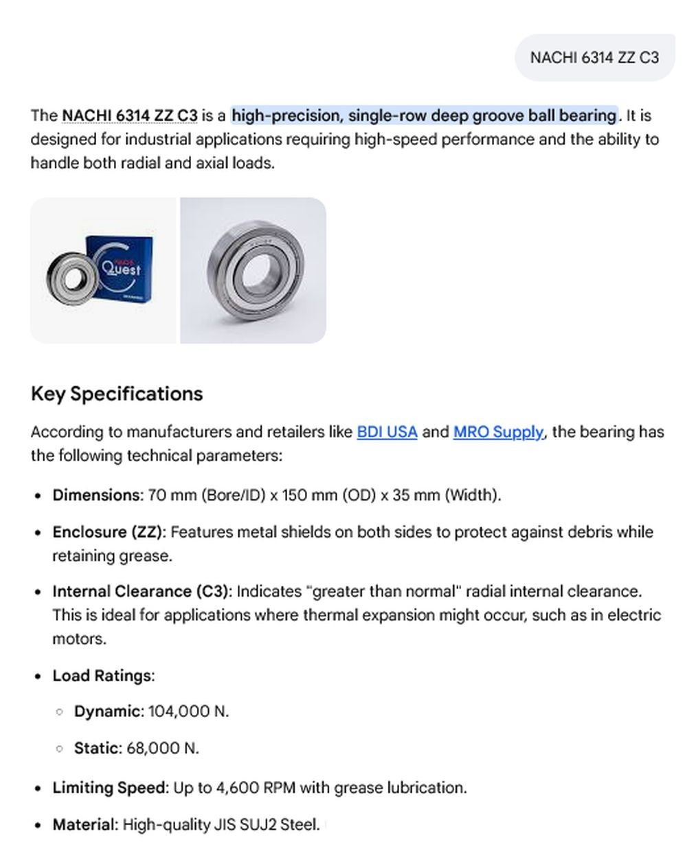 1 NEW NACHI 6314ZZEC3 70X150X35 RADIAL DEEP GROOVE BALL BEARING NIB *MAKE OFFER*