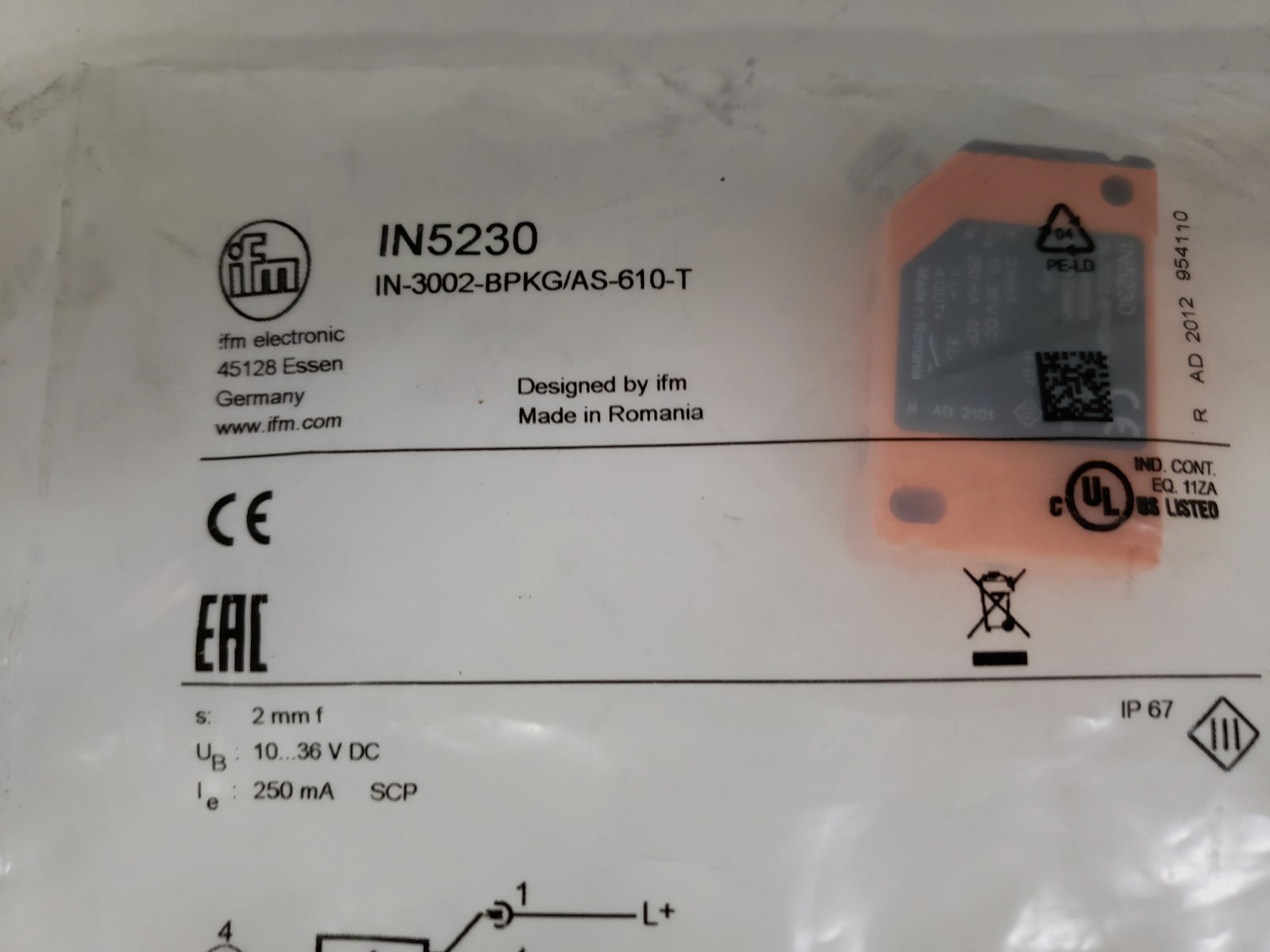 IFM ELECTRONICS IN-3002-BPKG/AS-610-T INDUCTIVE SENSOR (IN5230) NIB