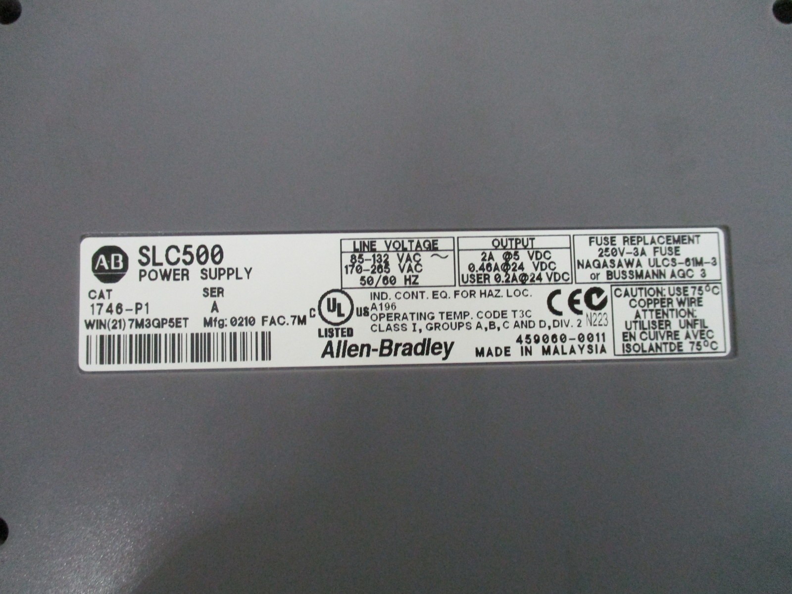 Allen Bradley 1746-P1 Power Supply 1746P1 Ser. A