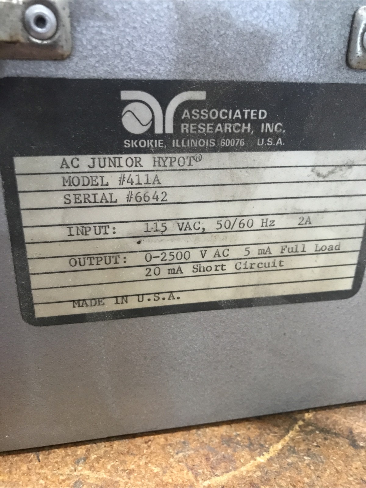ASSOCIATED RESEARCH TESTER PORTABLE HYPOT JUNIOR 411A 115VAC