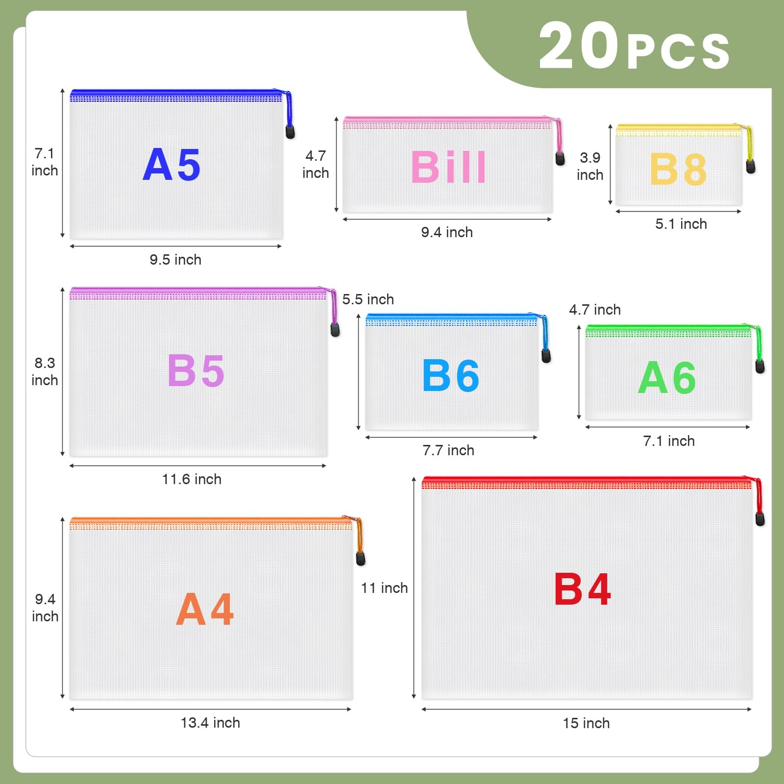 Smarpau 20pcs Mesh Zipper Pouch, 8 Sizes Plastic Multisizes-20pcs, Multicolor