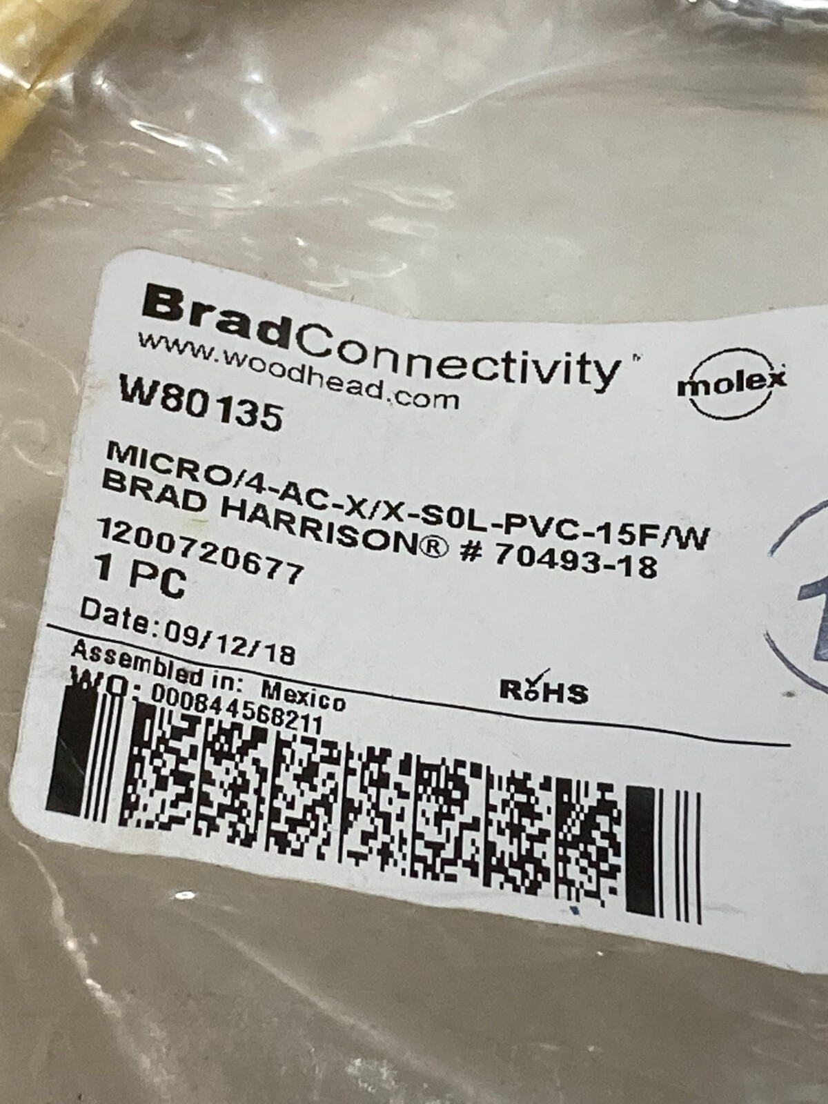 BRAD WOODHEAD W80135 CABLE MICRO 4-AC-X/X-S0L-PVC-15F/W NIB
