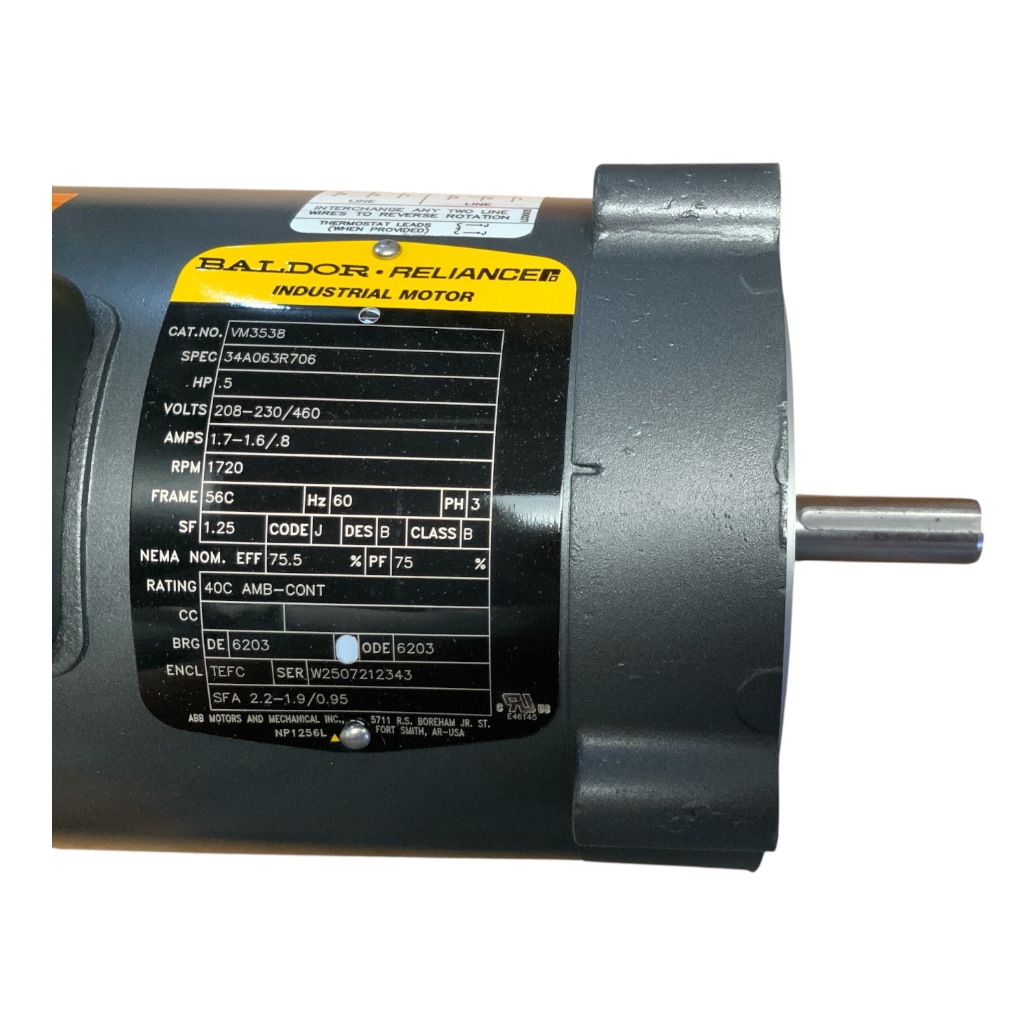 Baldor VM3538 Industrial Motor 1/2 Hp 3Ph 1720 Rpm 230/460, 56C.