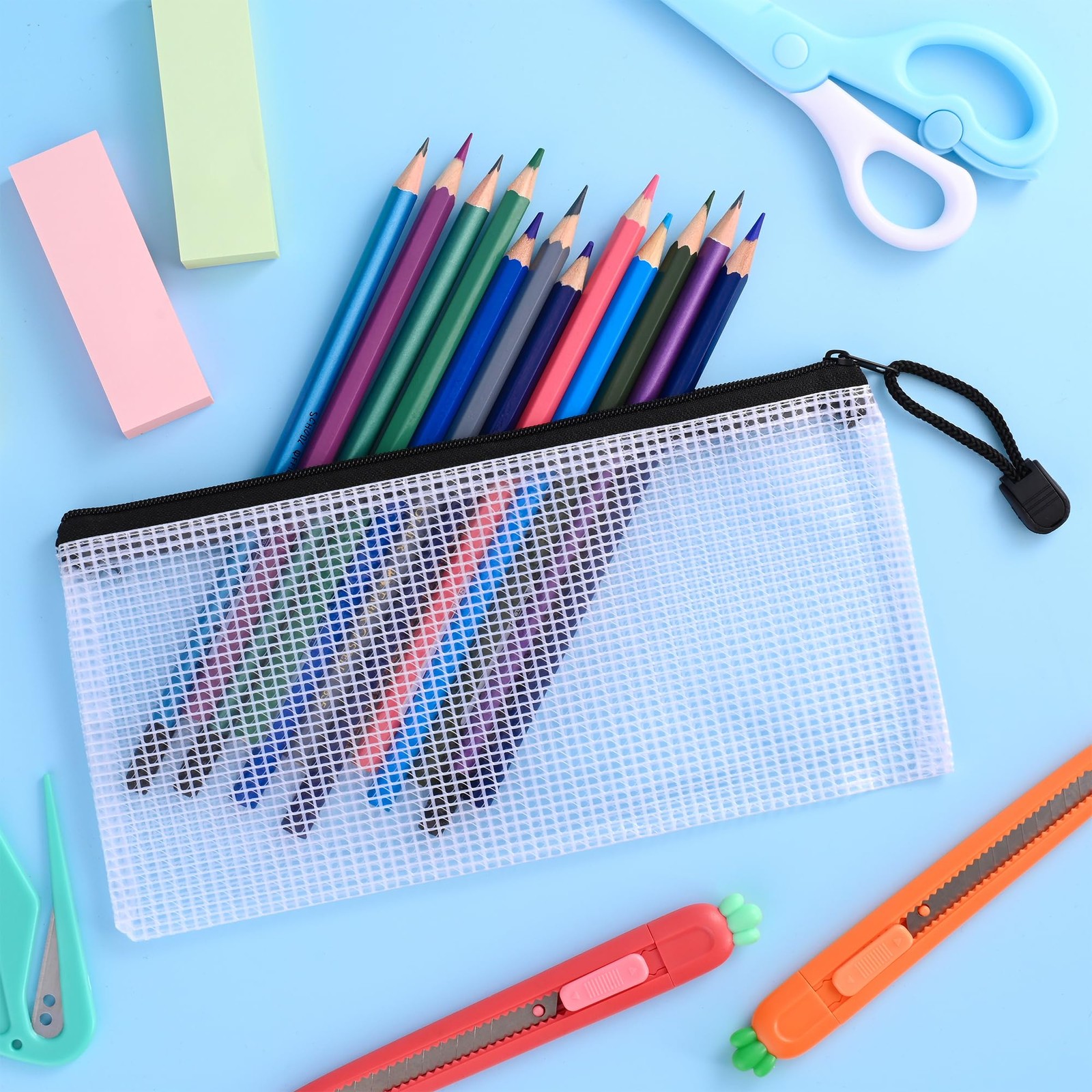 Imslery 12 Pieces Plastic Mesh Zipper Pouch 23cm X 11.4cm (9″ X 4.4″), Black