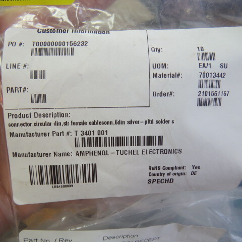 AMPHENOL T3401-001 Qty of 3 per Lot Circular DIN Connectors 6P DIN CABLE RECPT.
