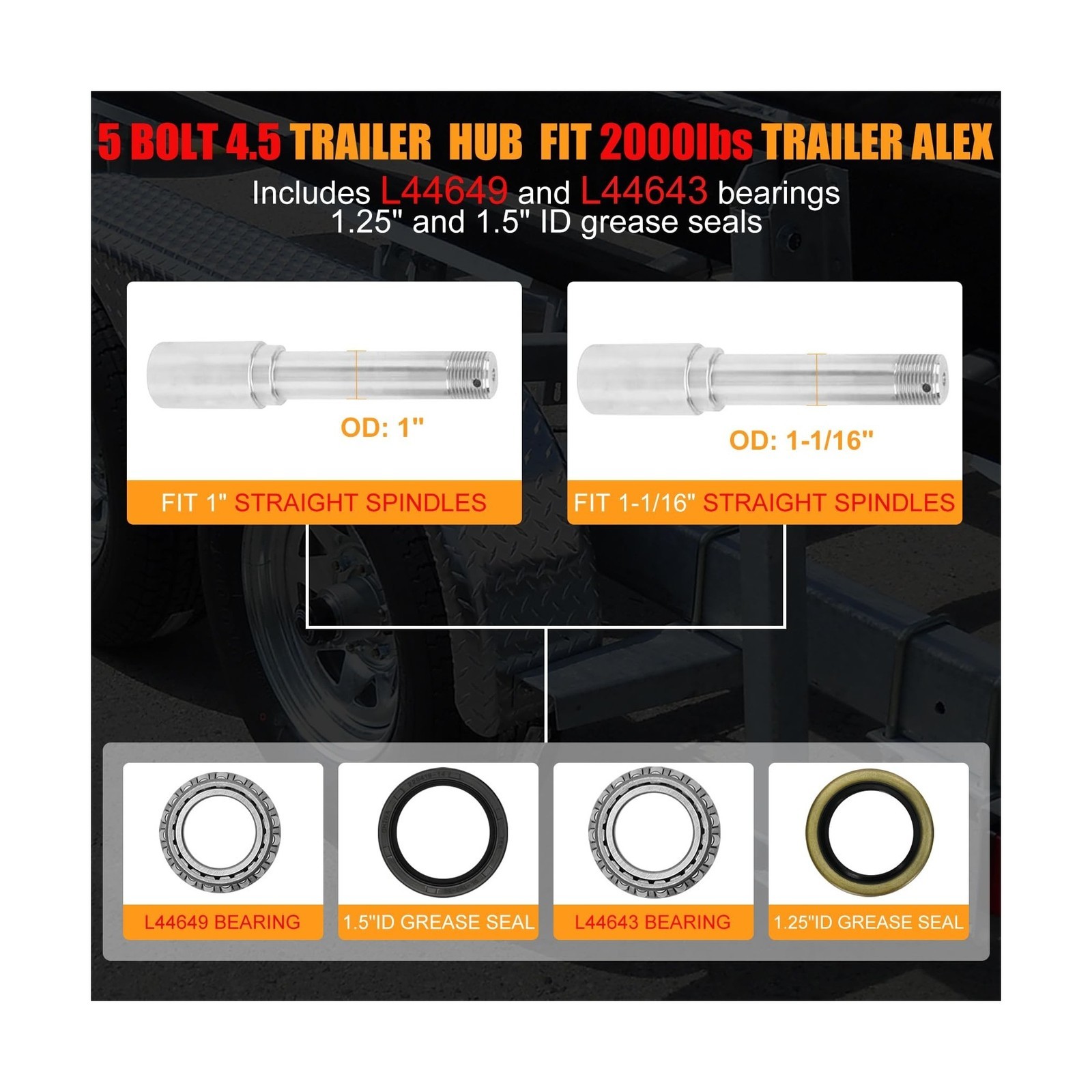 2 Sets 2000lb Trailer Axle Trailer Hub Kit 5 Bolt 4.5″,Trailer Hub 5 Lug fit …