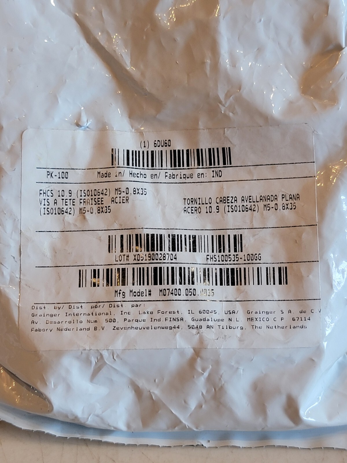 GRAINGER APPROVED M07400.050.0035 ScktFltHdScrw,Steel,M5-0.8,35mm L,PK100 6DU60