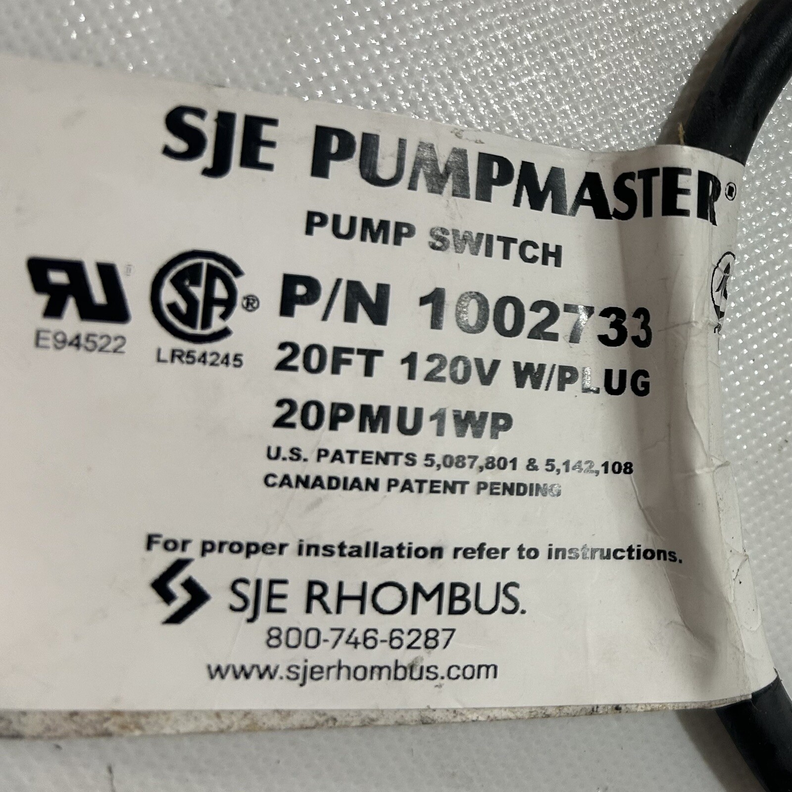 SJE Rhombus Pumpmaster Pump Master Float Switch 1002733