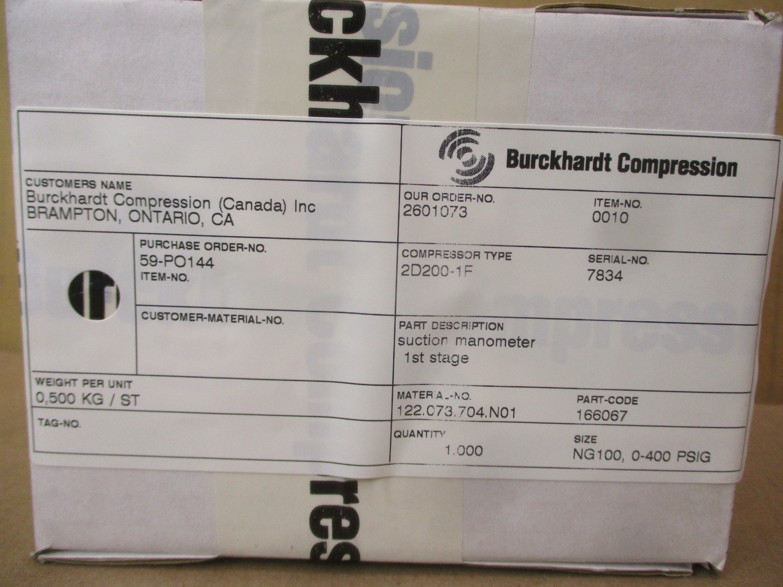 New Burckhardt Compression 1st Stage Suction Manometer 2D200-1F 53101PRX
