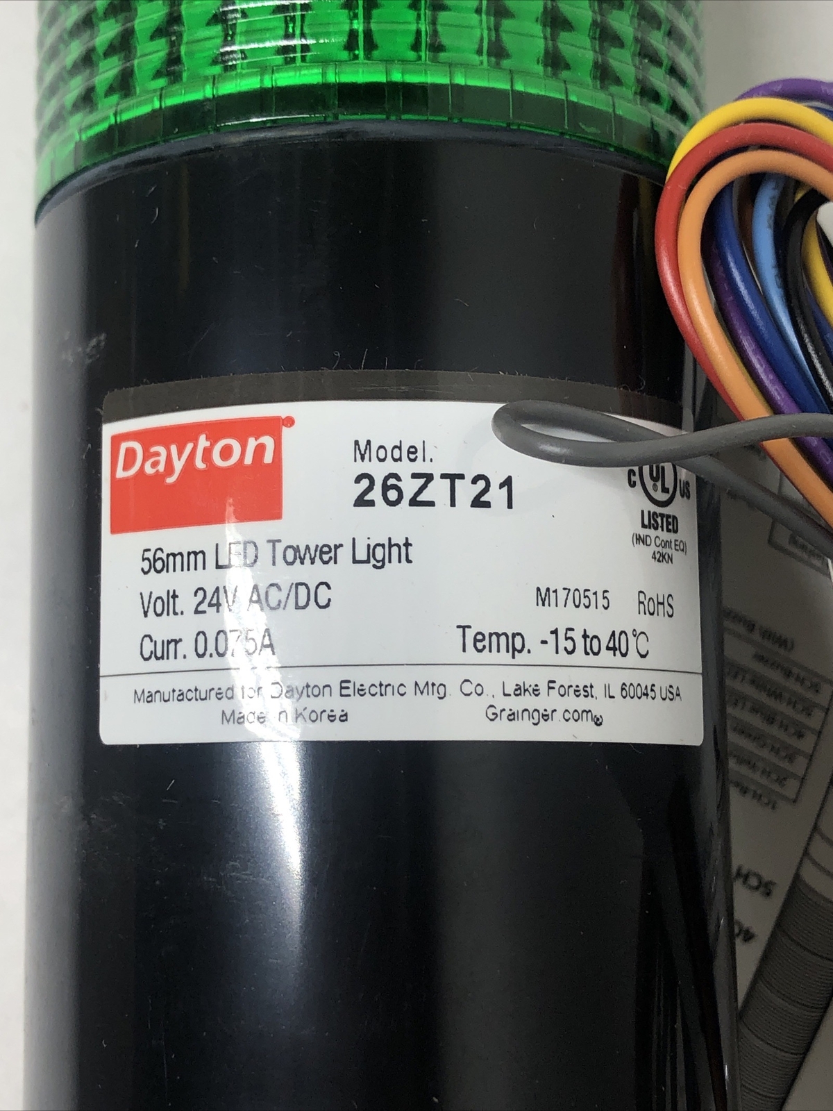 Dayton 26ZT21 56mm Red/Green LED Tower Light, 2 Stack, Pole Mounting