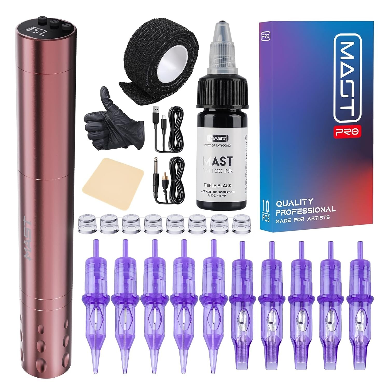 Mast Tattoo Gun Kit Tour Fly Slim Wireless Tattoo Pen Machine 10 Count Cartridge