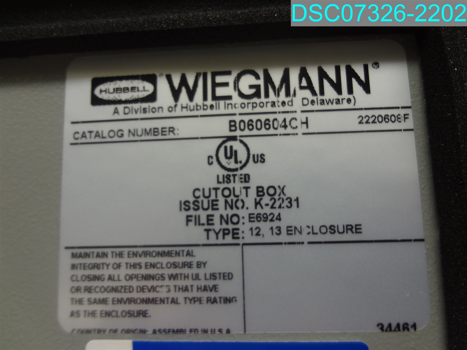 Hubbell Steel enclosure Wiegmann B060604CH TYPE 12 13 E6924 K-2231 2220608F