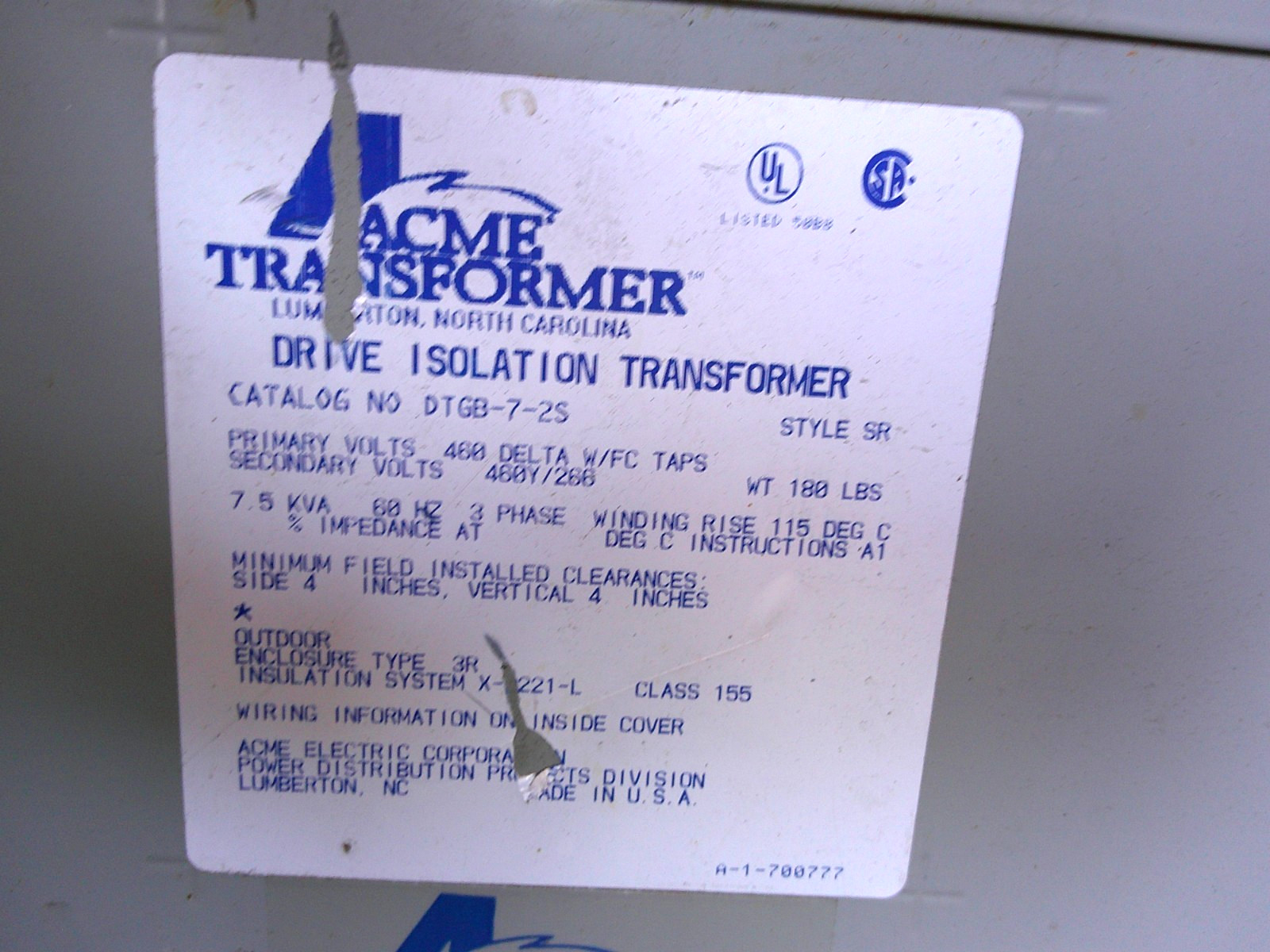 ACME TRANSFORMER DTGB-7-2S – 7.5 KVA 3 PHASE DRIVE ISOLATION TRANSFORMER