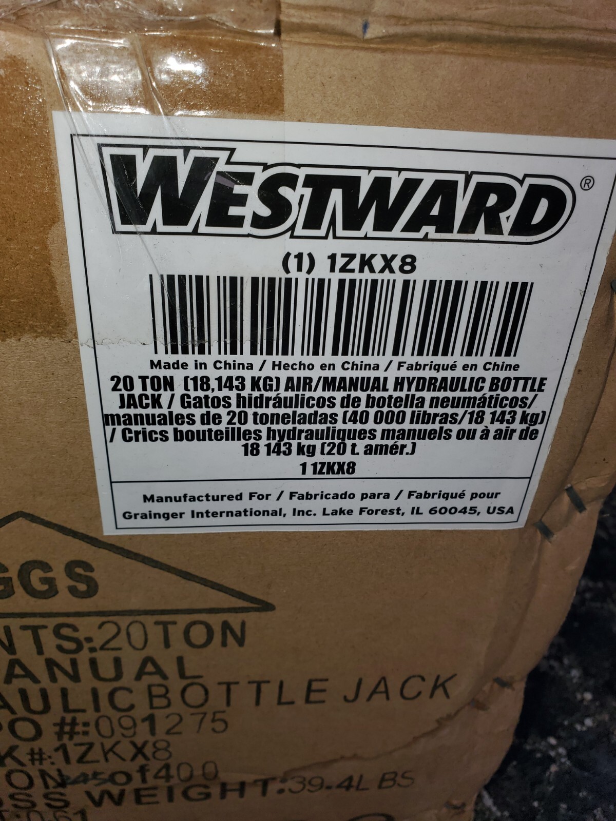 Westward 1ZKX8 Bottle Jack 20 Ton Air Manual Hydraulic Bottle Lift NEW FREE Ship
