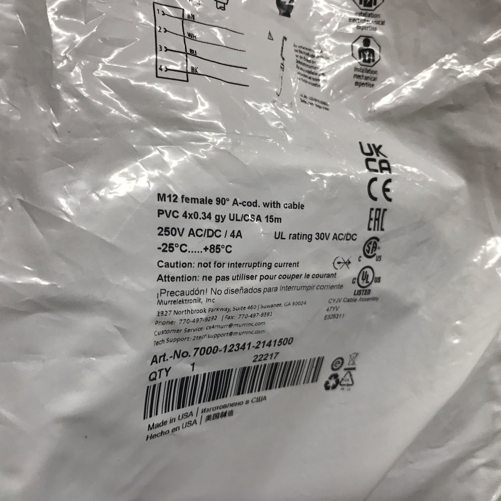 New MURR ELEKTRONIK M12 female 90 degree gray cable 7000-12341-2141500 22217