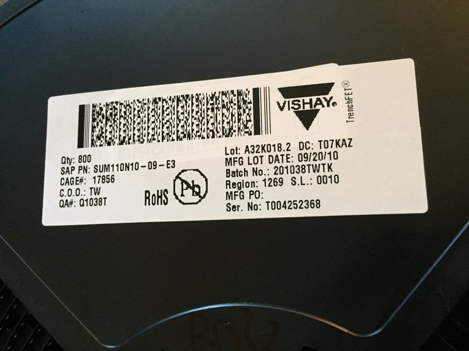 LOT 555 VISHAY SUM110N10-09-E3,TX24-04-EC1,N CHANNEL MOSFET,100V,110A TO-263,SL