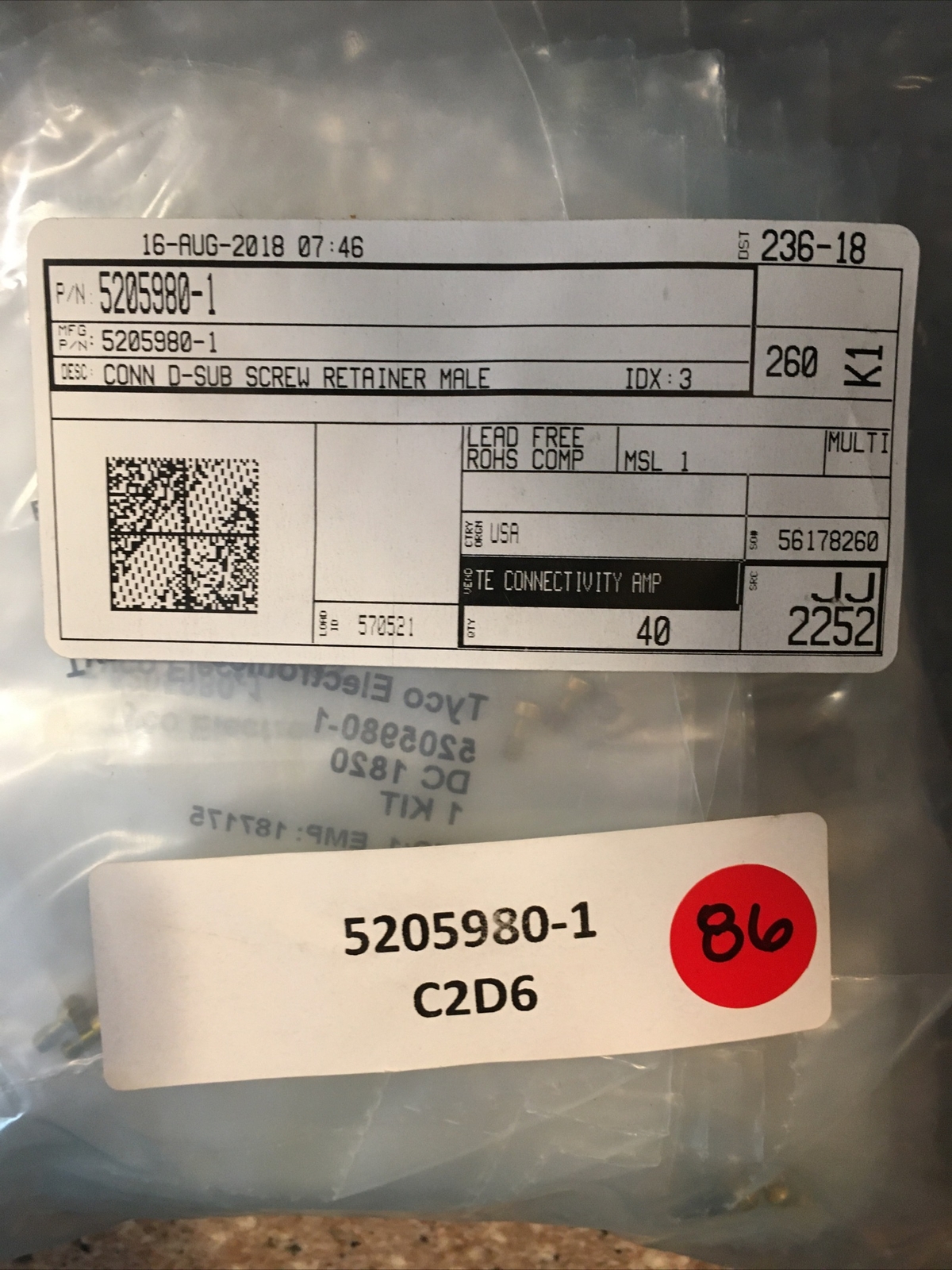 TYCO ELECTRONICS 5205980-1 Qty of 86 per Lot Jackscrew, Slotted For AMPLIMITE S