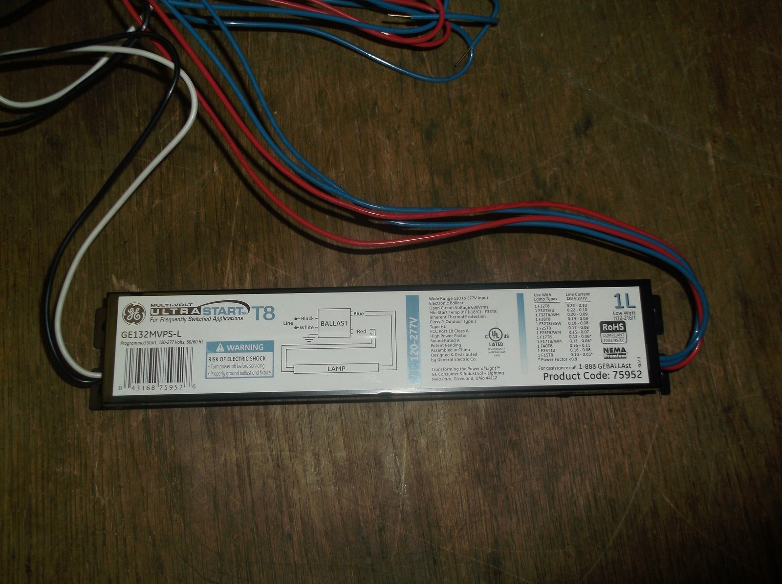 NEW GE Multi-Volt GE132MVPS-L T8 Ballast 120-277V 75952 *FREE SHIPPING*