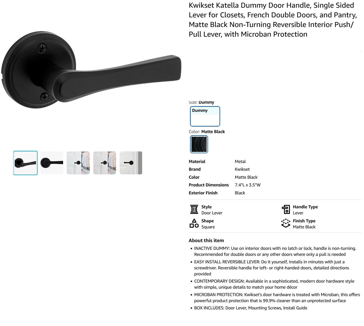 1 NEW KWIKSET 97880-951 MATTE BLACK KATTELLA DUMMY DOOR HANDLE NIB *MAKE OFFER*
