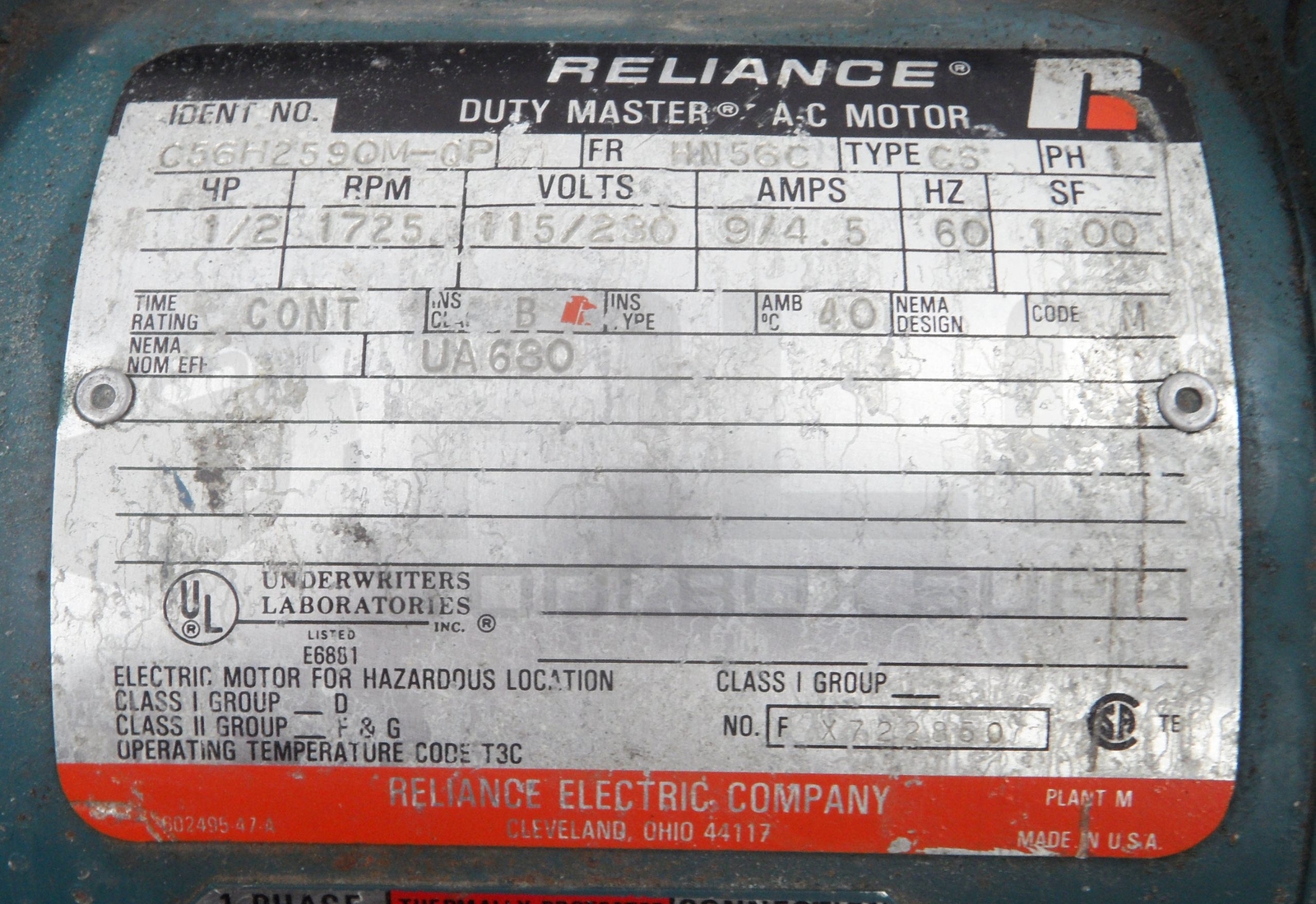 RELIANCE C56H2590M-QP AC MOTOR HN56C FR 1PH 1/2HP 1725RPM 115/230V 9/4.5A 60HZ