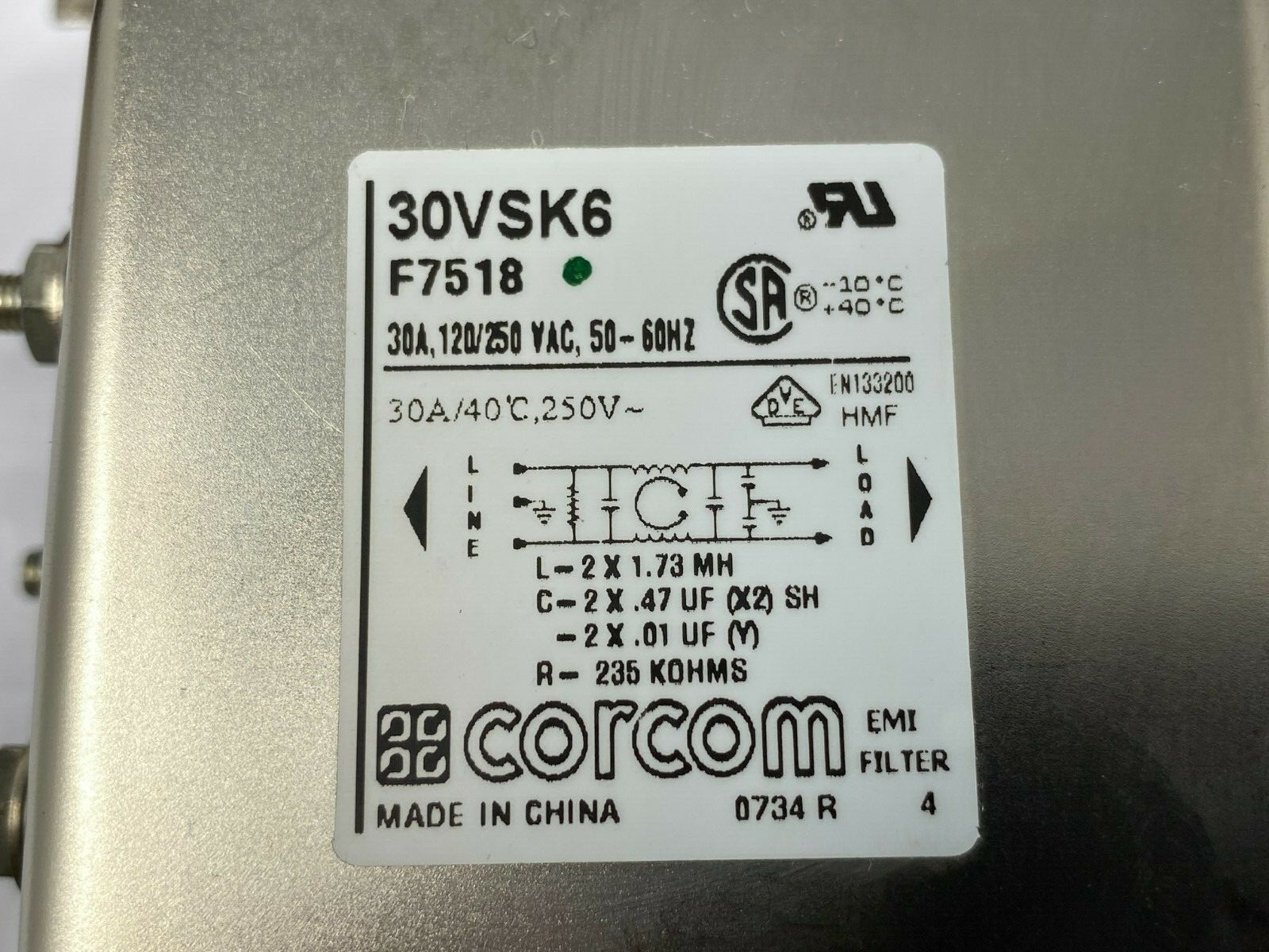 Corcom 30VSK6 Power Line Filter 30A 120/250V 50/60Hz 1-PH Chassis Mount