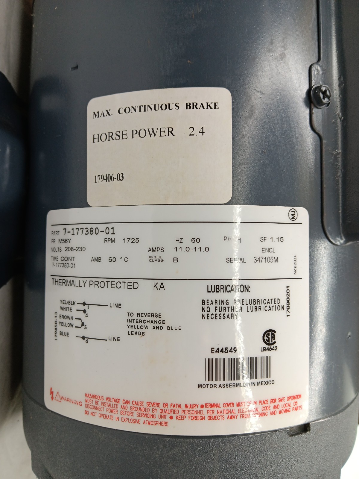 Carrier HC58FK231 2.4hp 208/230v1ph 1725rpm MTR 7-177380-01