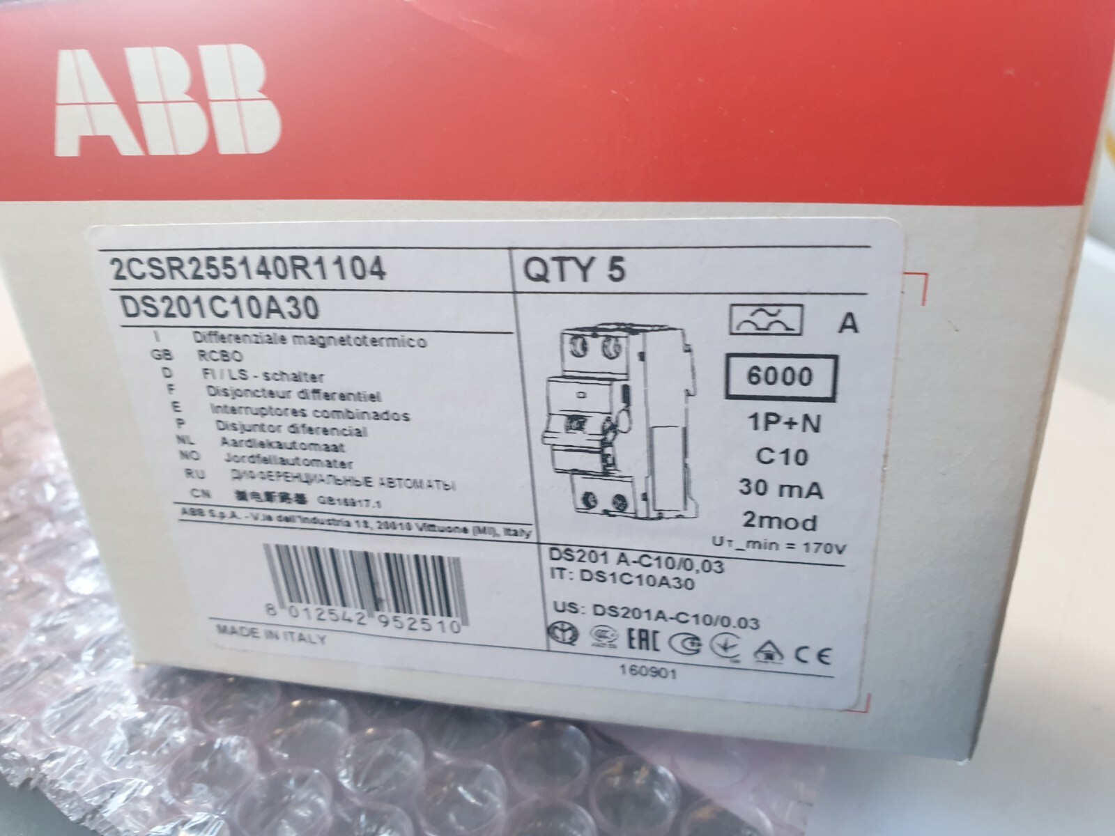 ABB DS201C10A30 2CSR255140R1104 CIRCUIT BREAKER 5/PK (R6S0.3)