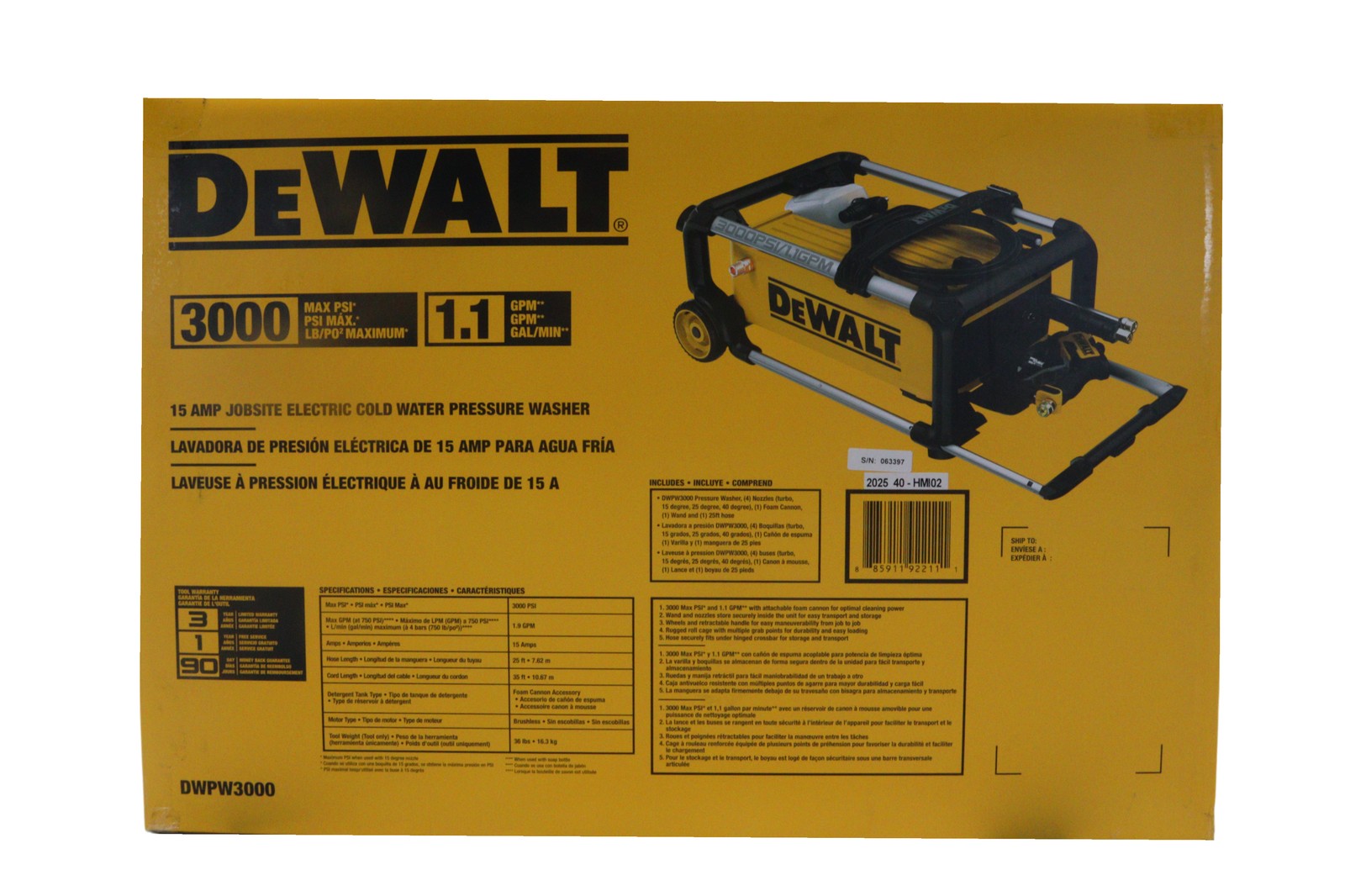 DEWALT 3000 PSI 1.1 GPM 15 Amp Cold Water Electric Pressure Washer