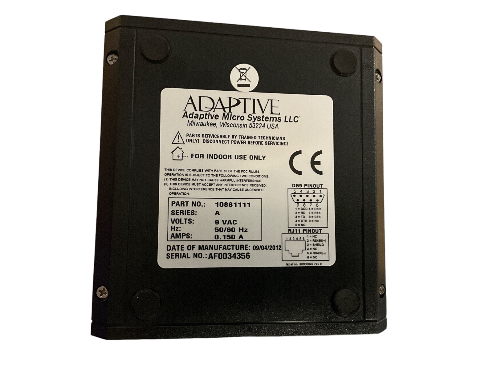 AMS RS-232/RS-485 10881111 CONVERTER 9 VAC 50/60 HZ .150A U3S