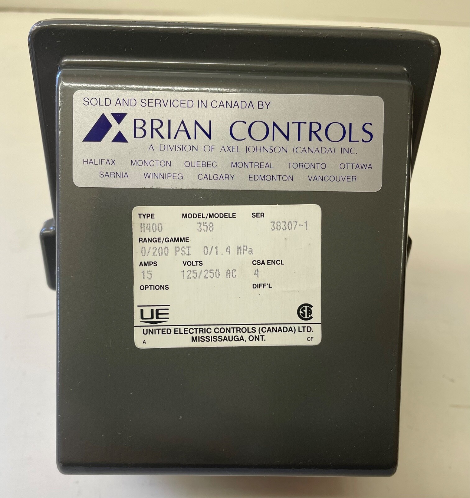Ue United Electric H400-358 Pressure Control Switch 0-200psi 125/250 AC
