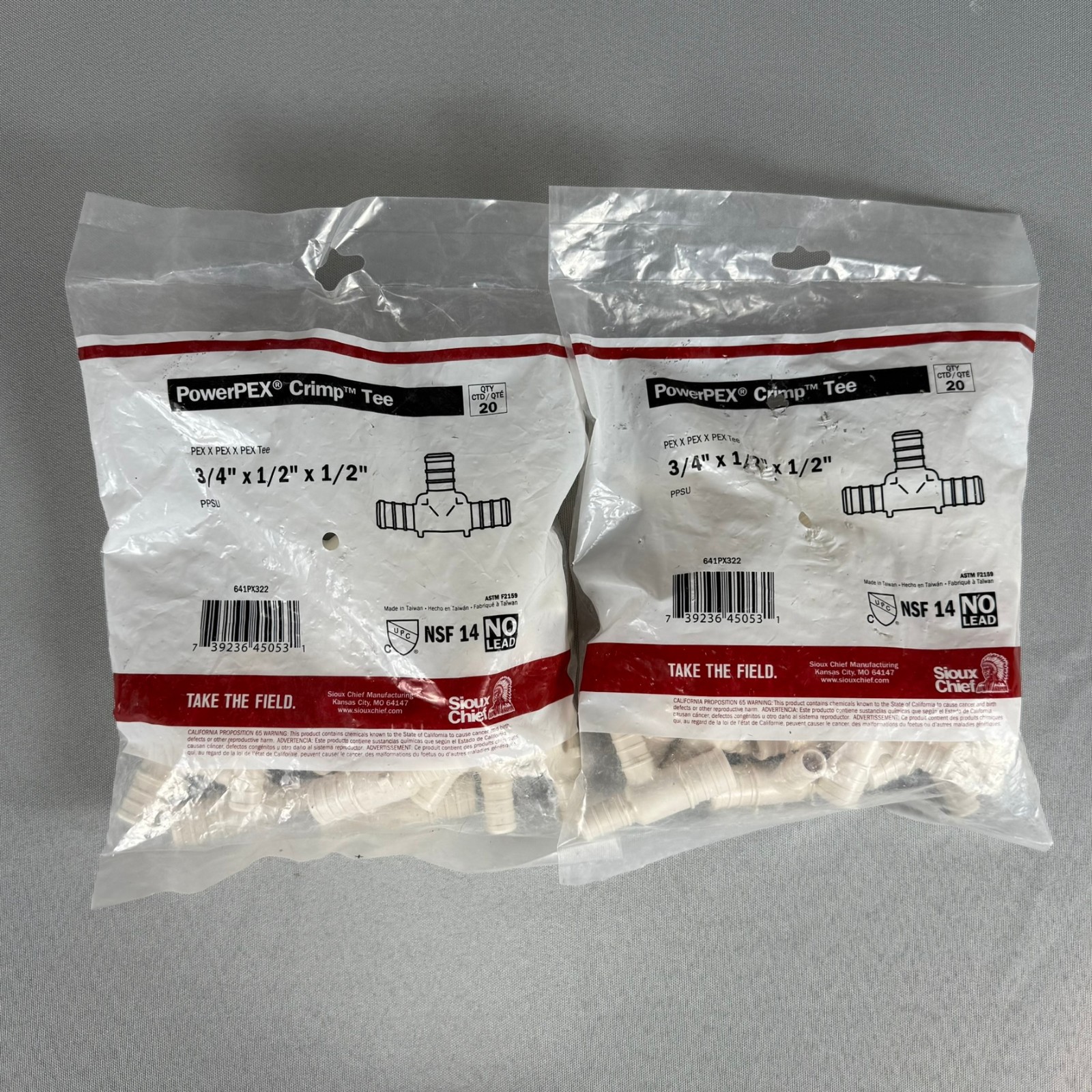 Lot of 2 – Sioux Chief 641PX322 20pcs PowerPEX 3/4 x 1/2 x 1/2 Polymer Crimp Tee
