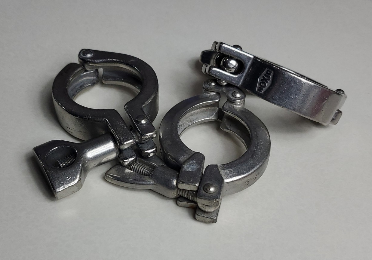 Lot of 3 Sanitary Tri Clamp 1.5 Inch Stainless Pipe Clamps Dixon and Generic