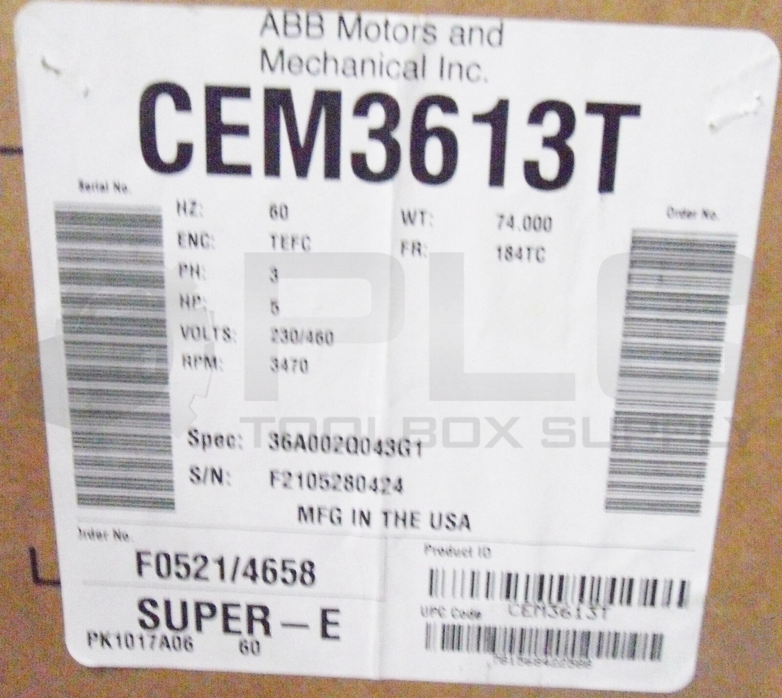 NEW BALDOR CEM3613T SUPER E MOTOR SPEC 36A002Q043G1 HP 5 230/460V RPM 3470