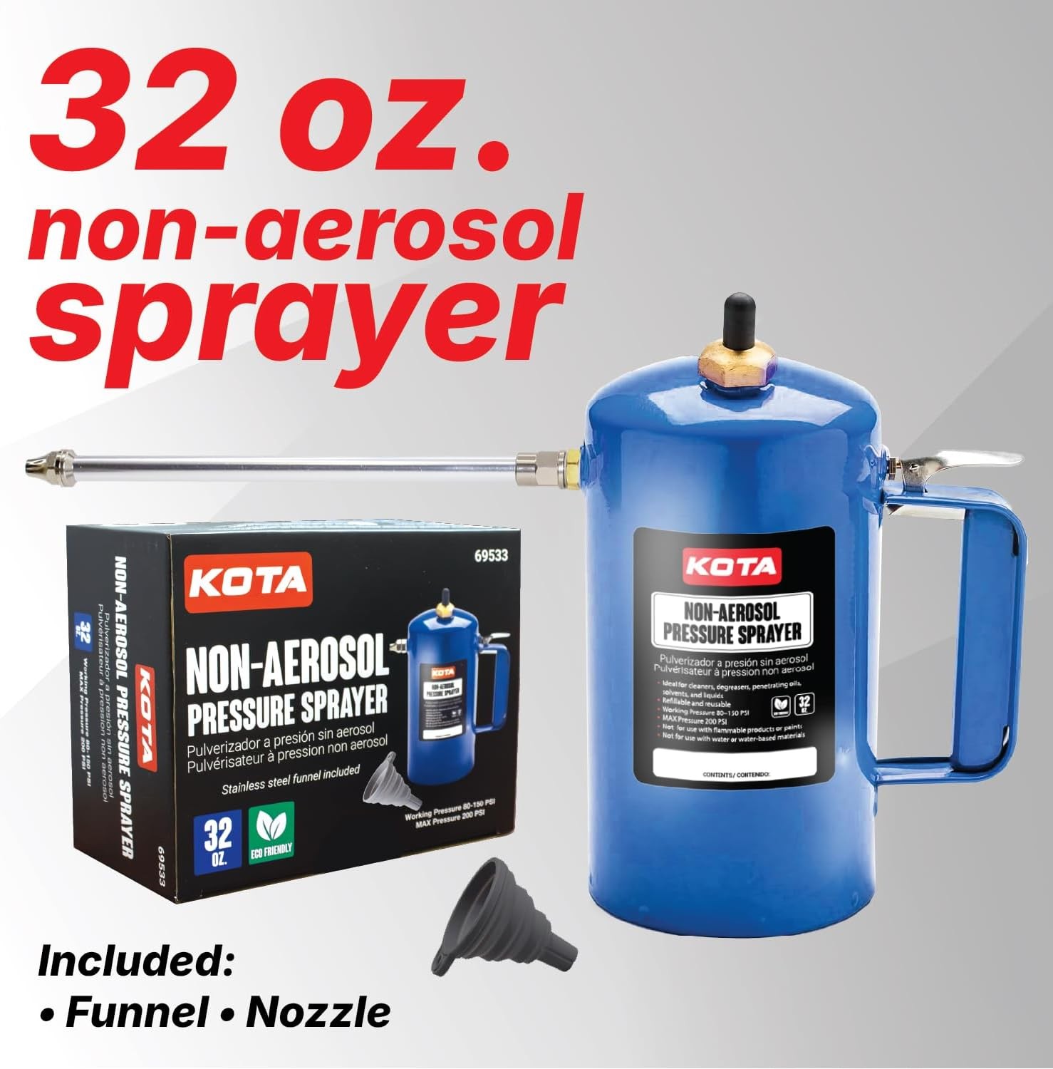 KOTA Non-Aerosol Pressure Sprayer, Refillable Bottle, 32oz Color: Red & Blue