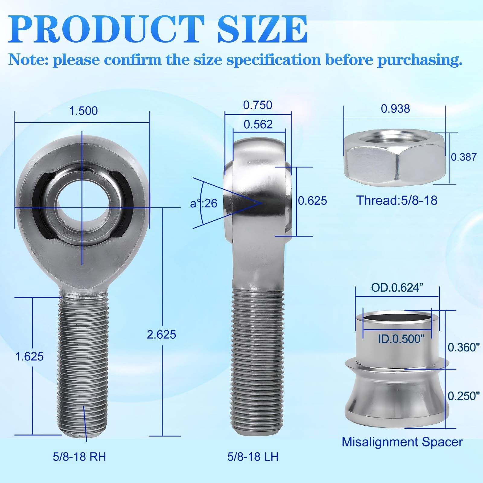 5/8”-18 Heim Joint Rod End Kit with Spacer,Tube Adapters & Jam Nuts,RH & LH …