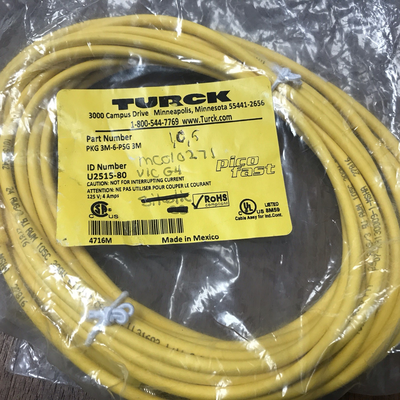 NEW TURCK PKG 3M-6-PSG 3M CORDSET U2515-80 PKG3M6PSG3M 125v 4 Amps