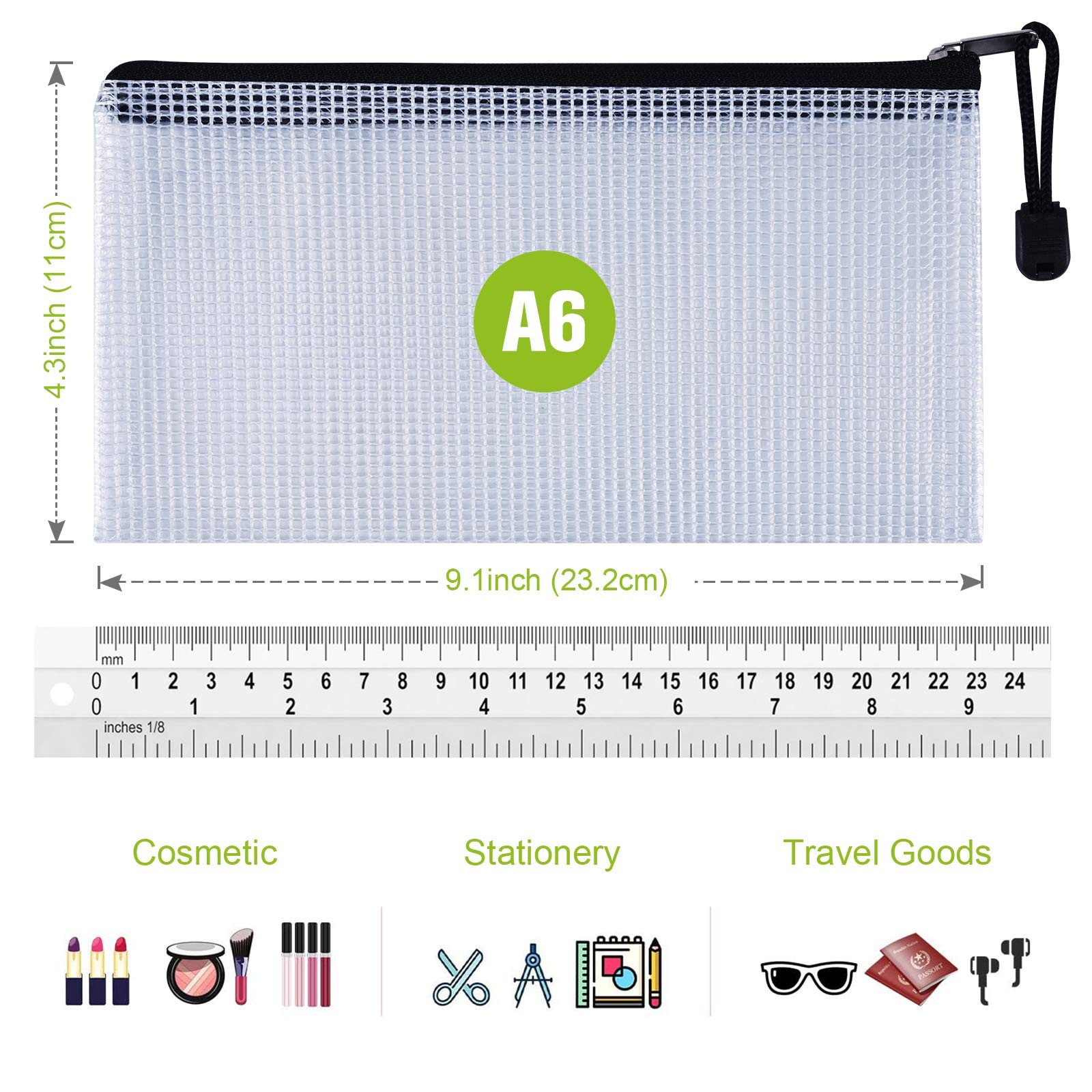 Plastic Mesh Zipper Pencil Pouches, 6PCS A6 (9.25×4.25 inch), Black