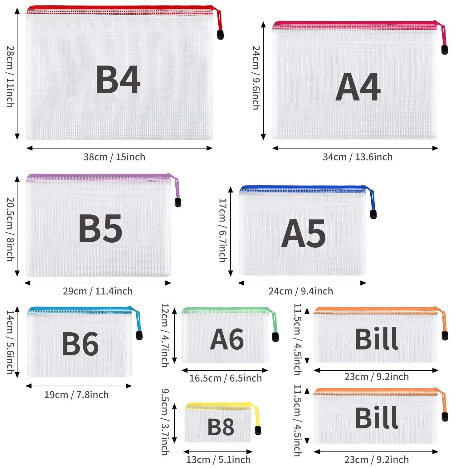 EOOUT 30pcs Mesh Zipper Pouch Bags, 8 Sizes Plastic Mutisize, B-8 Colors