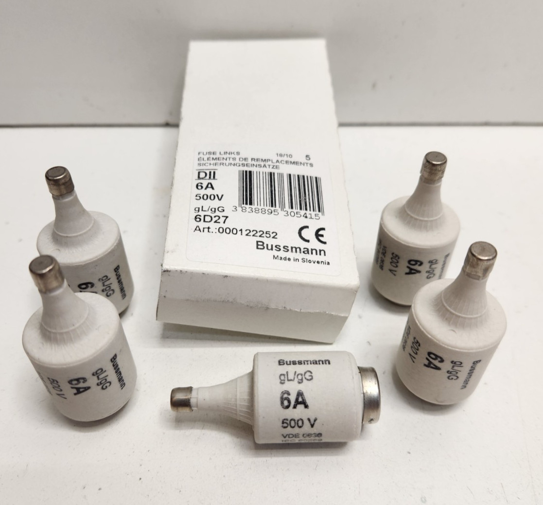 LOT OF 5 NEW IN BOX! BUSSMANN 6A 500V FUSE LINKS 6D27