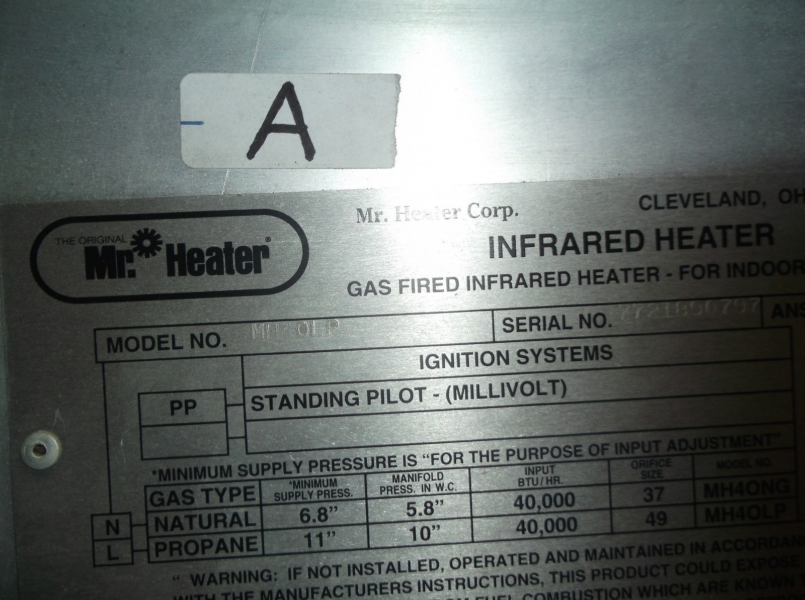 Mr Heater MH40LP Radiant Shop Garage Heater Infrared, Broken Elements