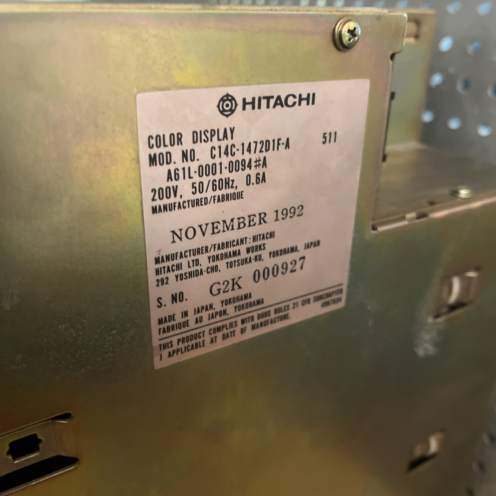 HITACHI MONITOR DISPLAY C14C-1472D1F-A A61L-0001-0094#A