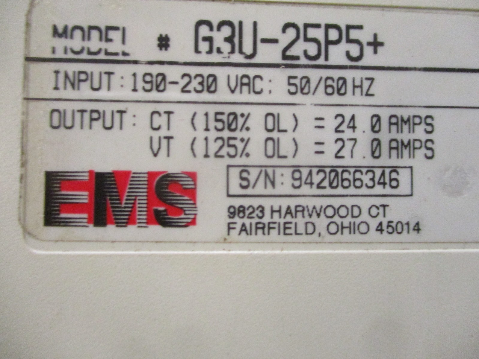EMS Model G3U-25P5+ Input 190-230VAC Output 24.0/27.0 Amps 52694NADC