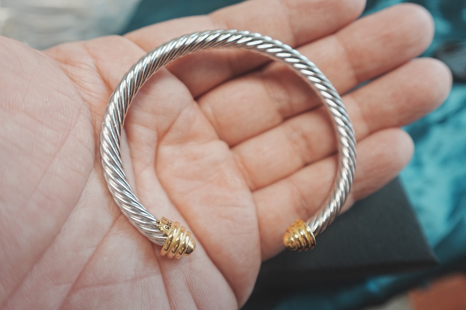 New.DavidYurman.4mm.Classic Cable.Sterling Silver BraceIet&18k Gold Dome BangIe
