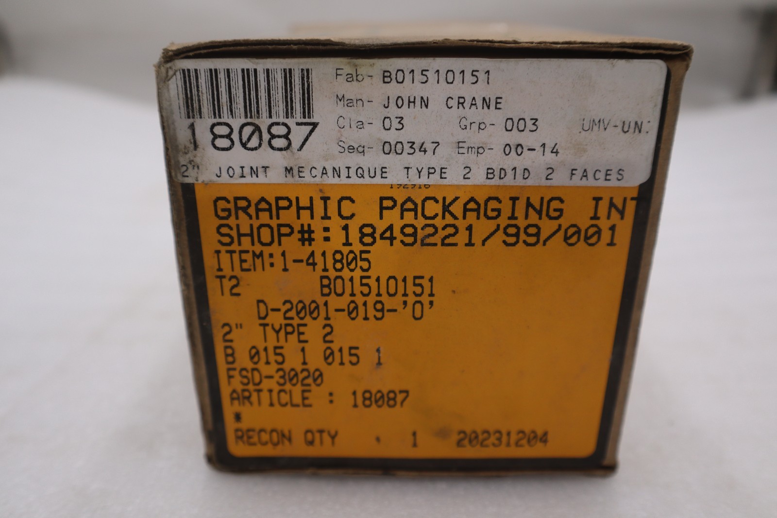 JOHN CRANE FSD-3020 D-2001-019-‘0’ 2″ TYPE 2 – NEW IN BOX – STOCK GF479A