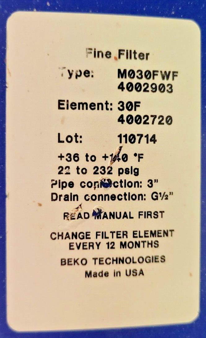 🟠BEKO CLEARPOINT STD COALESCING FILTER M030FWF PESSCO OFFERING 1 G072224-7 🗽